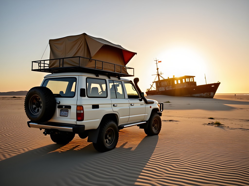 Toyota Land Cruiser with roof tent parked on Namibia's Skeleton Coast with shipwreck in background