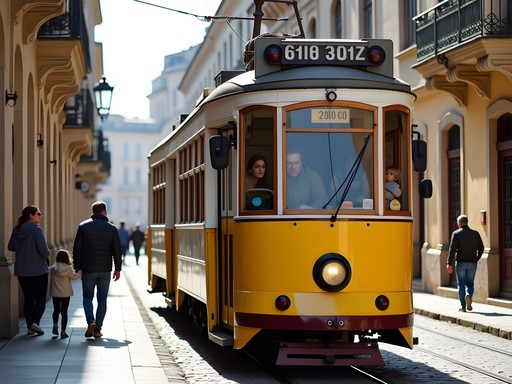 Vintage yellow tram passing by Sofia's historic buildings with locals boarding