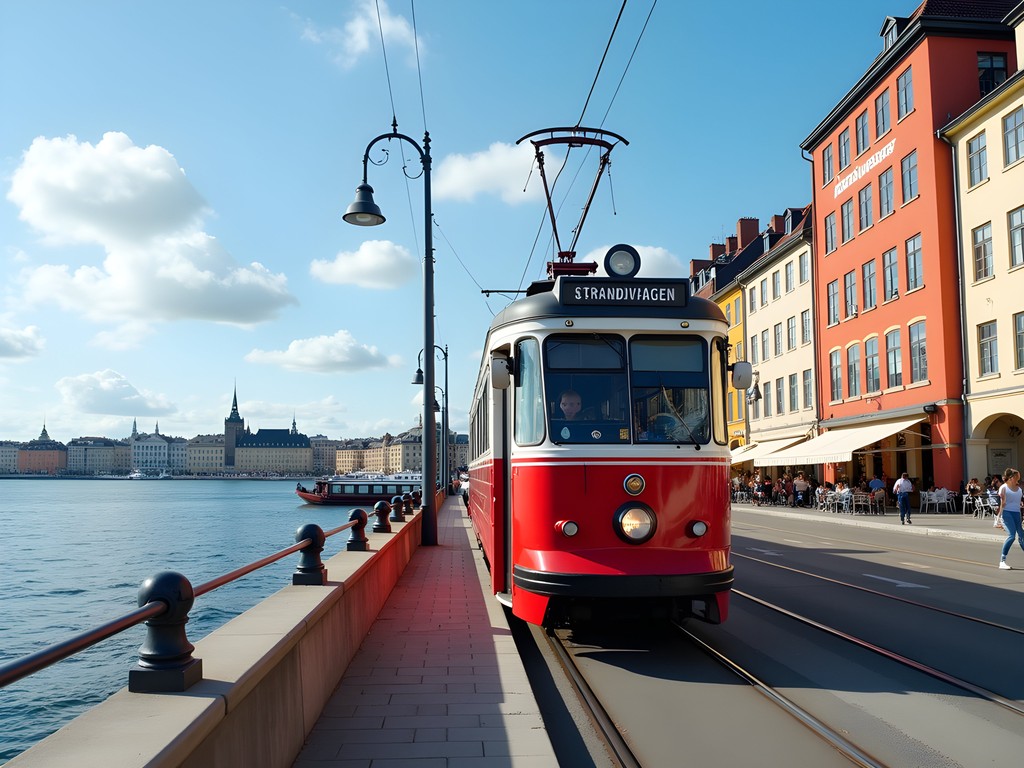 Historic wooden tram on line 7 traveling along Stockholm waterfront