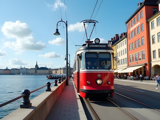 Historic wooden tram on line 7 traveling along Stockholm waterfront