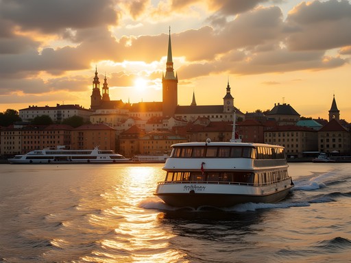 Ferry crossing from Slussen to Djurgården during golden hour with Stockholm skyline view