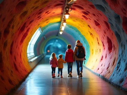 Family exploring colorful art installations in Stockholm's tunnelbana station