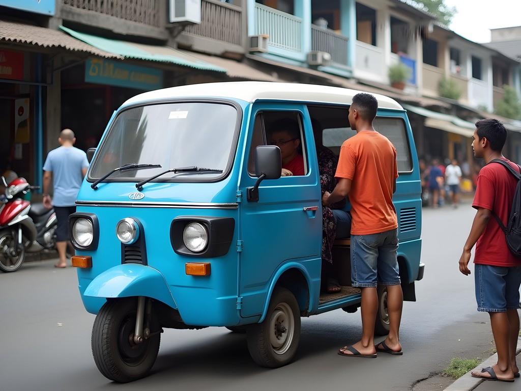Blue angkot minivan in Surabaya with passengers boarding on a busy street