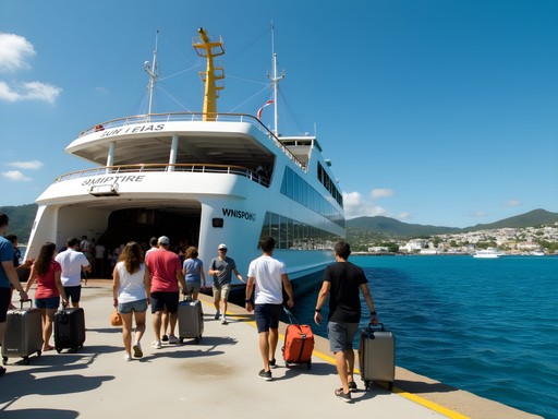Inter-island ferry departing from Suva harbor with passengers boarding