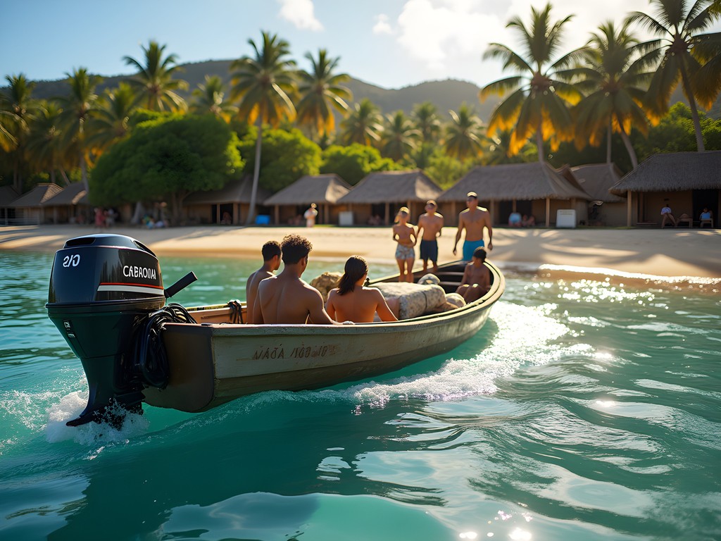 Local water taxi approaching remote village in Kadavu Island, Fiji