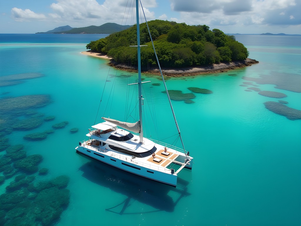 Luxury yacht anchored near remote Yasawa Islands in Fiji