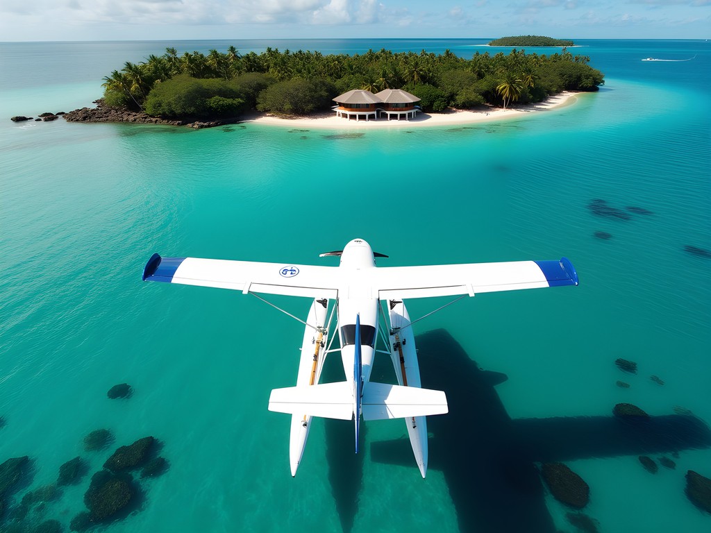 Seaplane landing near luxury resort on remote Fiji island
