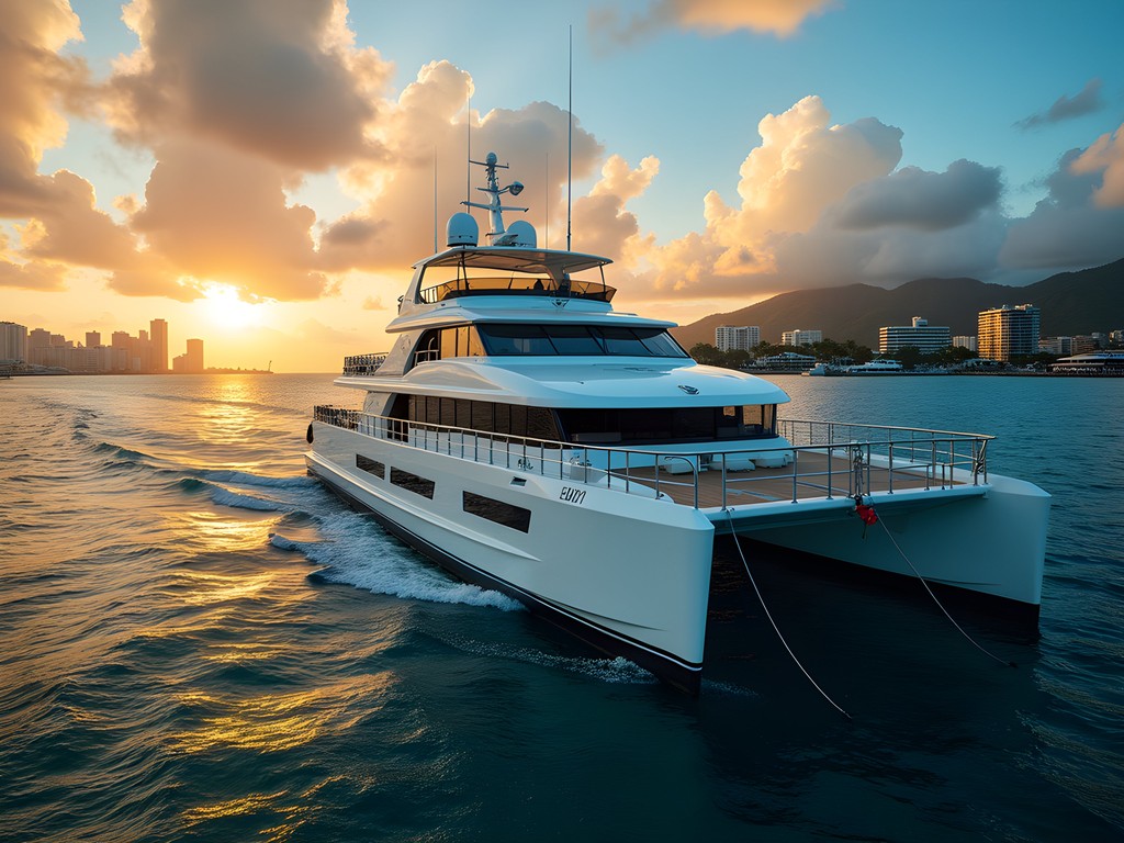 Luxury catamaran departing Suva Harbor with island map