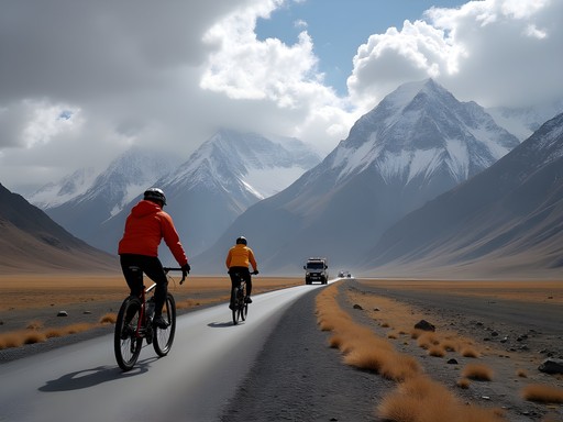 Cyclists traversing the Tibetan plateau on expedition to Everest Base Camp