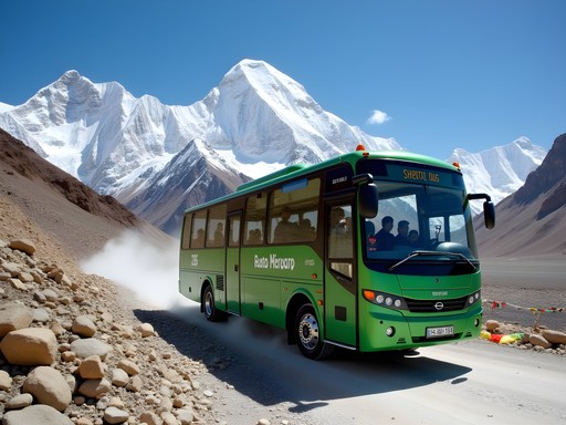 Electric eco-bus transporting tourists on the final approach to Everest Base Camp