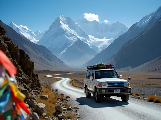 4WD vehicle traversing a high mountain pass on the Friendship Highway en route to Tingri
