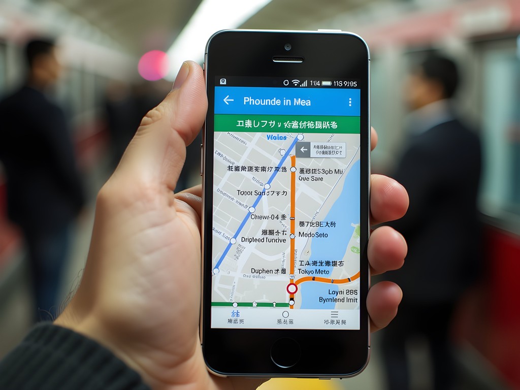 Hand holding smartphone showing Tokyo Metro navigation app with route planning