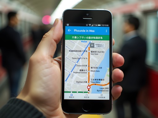 Hand holding smartphone showing Tokyo Metro navigation app with route planning