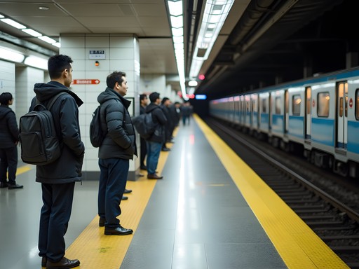 Orderly queues on a Tokyo metro platform with marked waiting lines