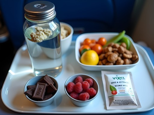 Healthy snacks and hydration setup for long-haul flight