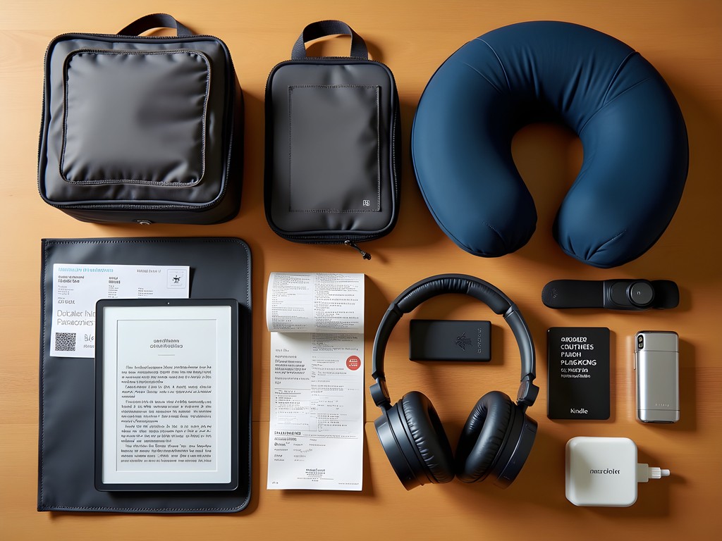 Organized travel items laid out for Toronto to Delhi flight