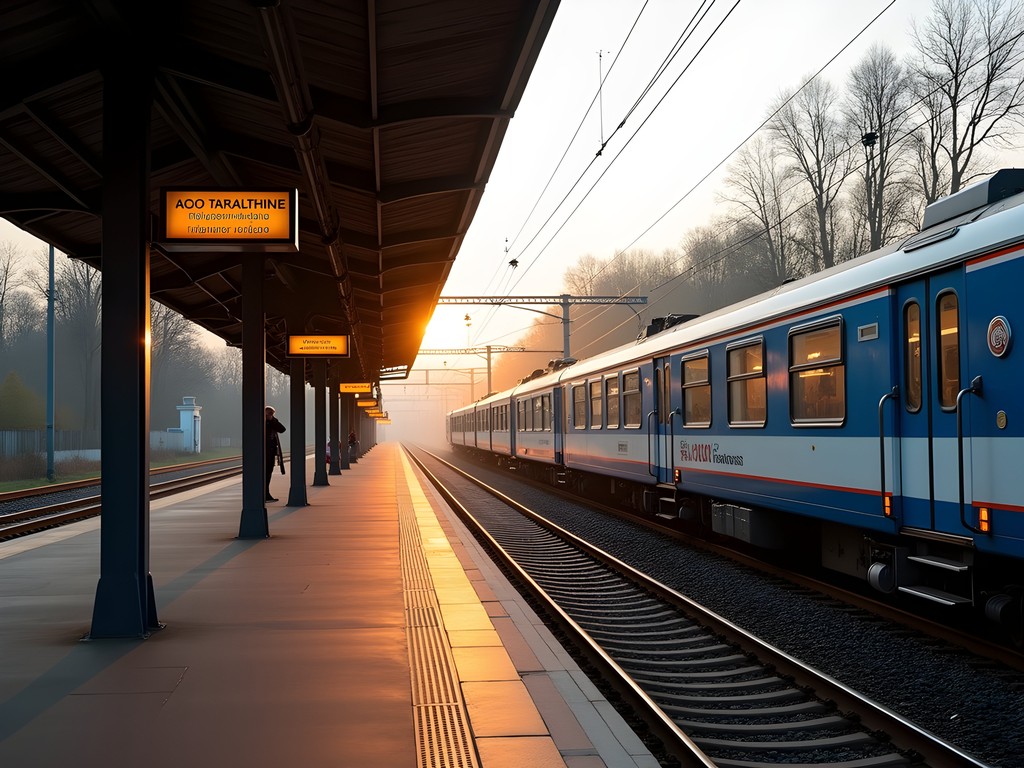 Trakai train station platform with train to Vilnius