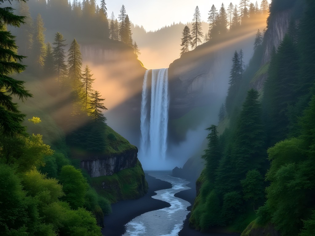 Multnomah Falls in early morning light with few tourists