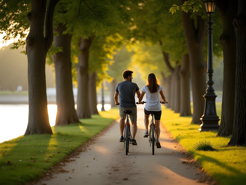 Couple riding vintage bicycles along Seine River path toward Versailles