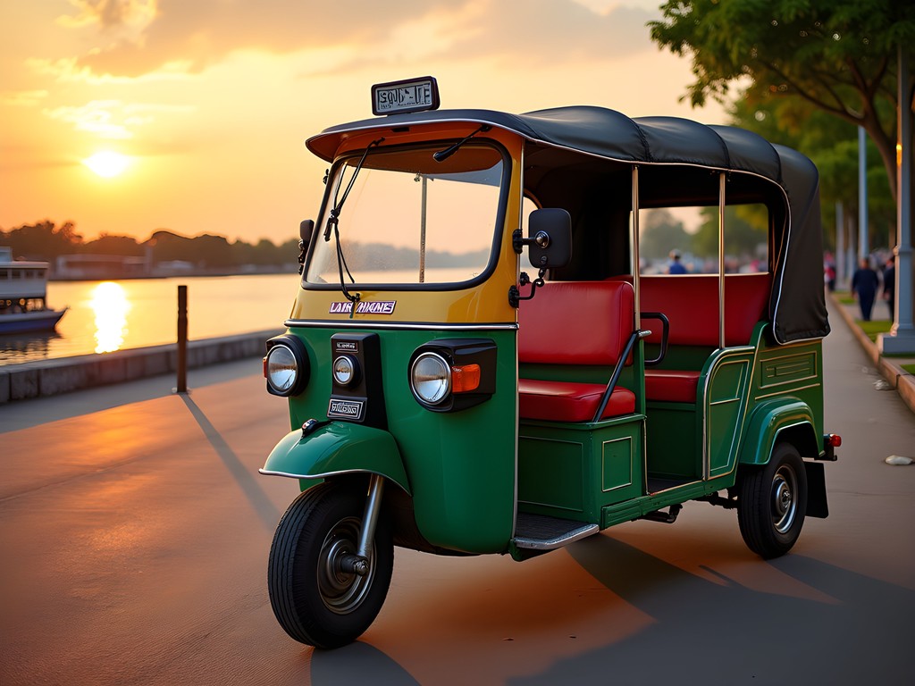 Colorful tuk-tuk parked along Vientiane's Mekong riverfront at sunset