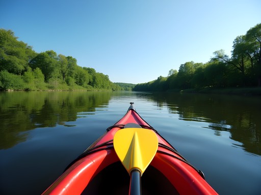 Kayaking on the calm Red River with lush green banks and blue summer sky