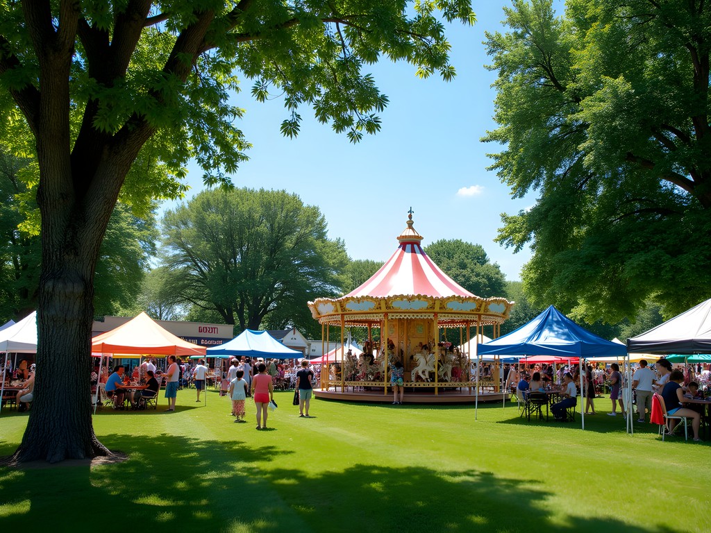 Colorful summer festival in Chahinkapa Park with local vendors and carousel