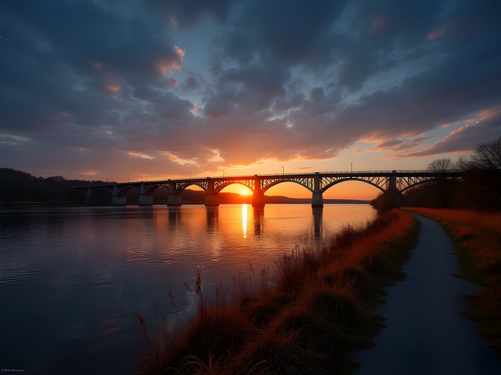 Sunset over the Red River in Wahpeton with silhouette of historic bridge
