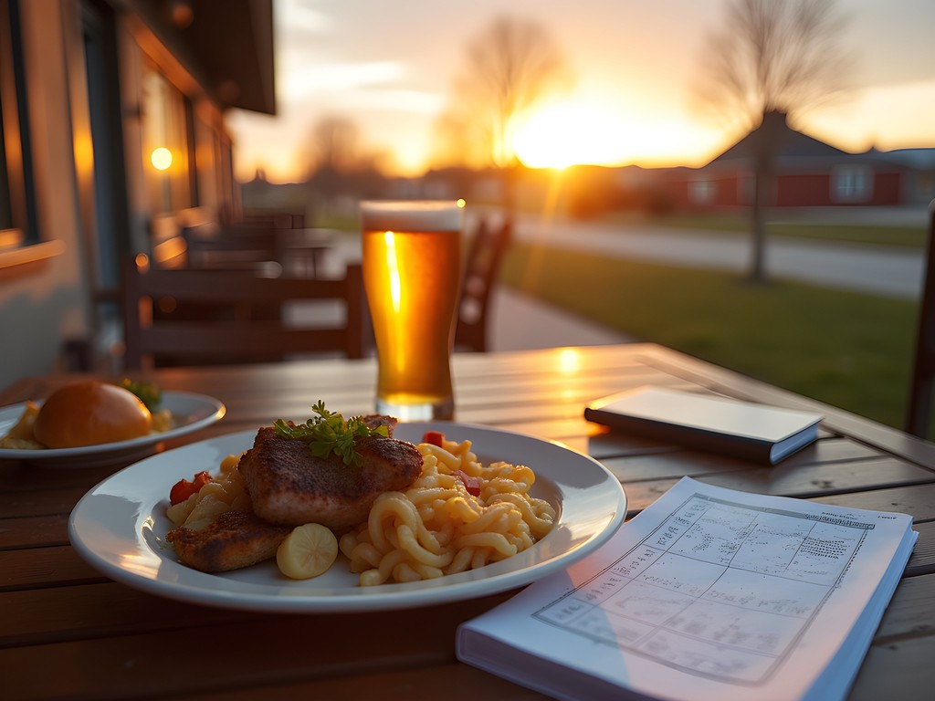 Outdoor restaurant patio dinner with astronomy equipment and notes, sunset in background