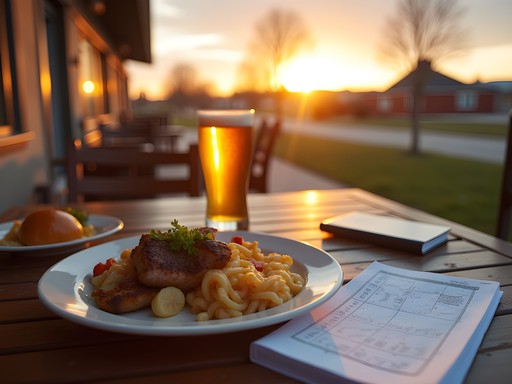 Outdoor restaurant patio dinner with astronomy equipment and notes, sunset in background