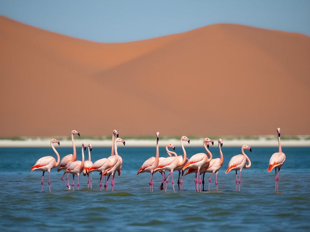 Flamingos feeding in shallow waters with Namib Desert dunes in the background