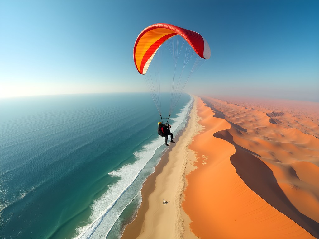 Paraglider soaring over the meeting point of Namib Desert dunes and Atlantic Ocean
