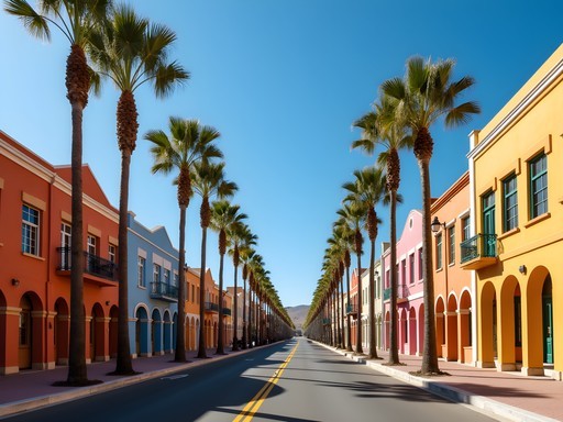 German colonial buildings in Swakopmund with palm trees and desert visible in background