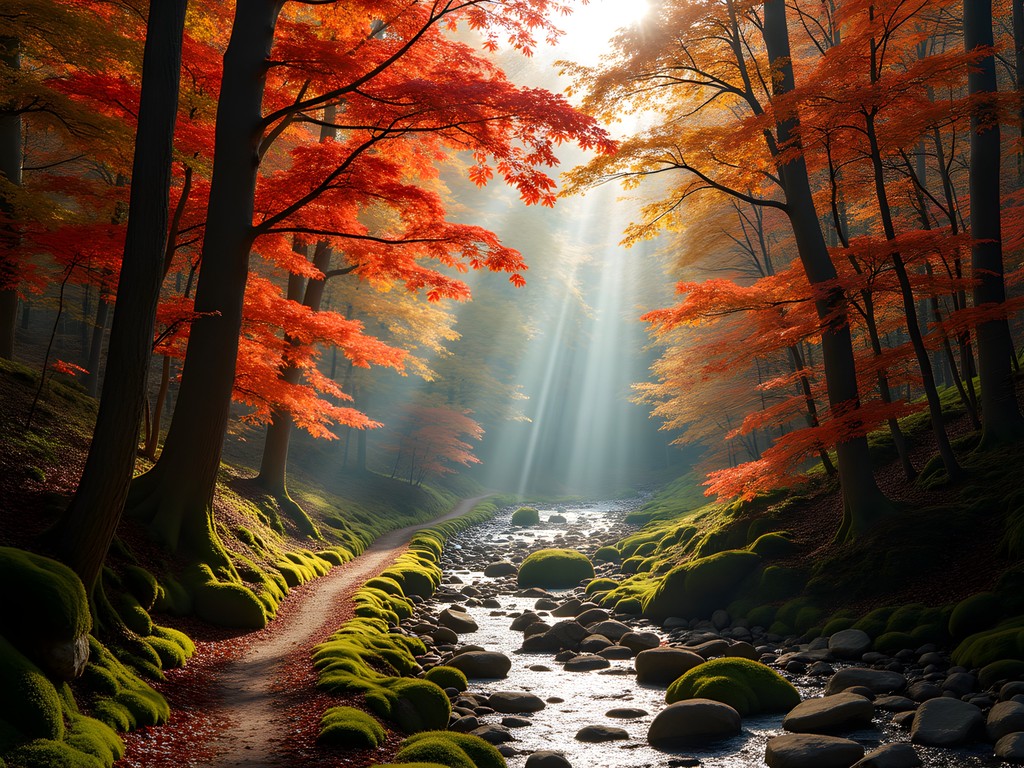 Sunlight streaming through colorful autumn foliage on Laurel Trail in Tomlinson Run State Park