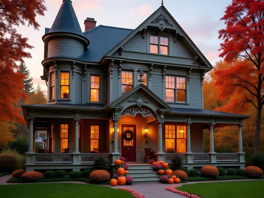 Historic Victorian bed and breakfast with autumn decorations in Wheeling's historic district