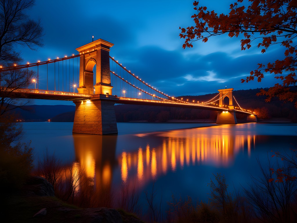 Historic Wheeling Suspension Bridge illuminated at twilight with autumn foliage and Ohio River reflections