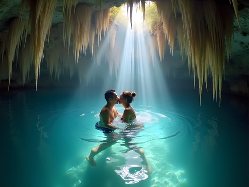Couple swimming together in turquoise cenote water with stalactites