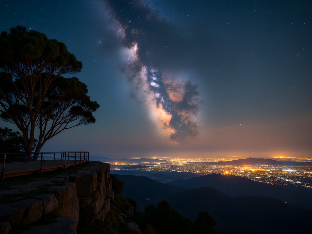 Stunning view of stars and Milky Way over Adelaide city lights from Mount Osmond lookout