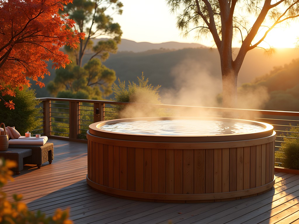 Luxurious outdoor cedar hot tub surrounded by autumn foliage in Adelaide Hills spa retreat
