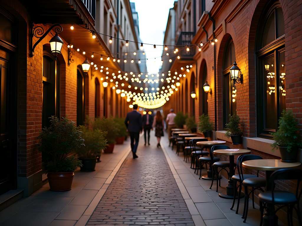 Narrow laneway in Adelaide's West End with heritage buildings and string lights at dusk