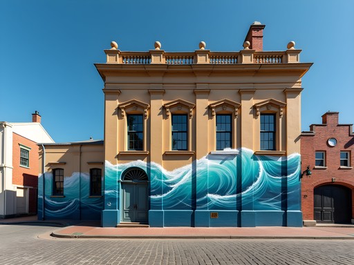 Massive colorful mural on heritage building in Port Adelaide with maritime elements