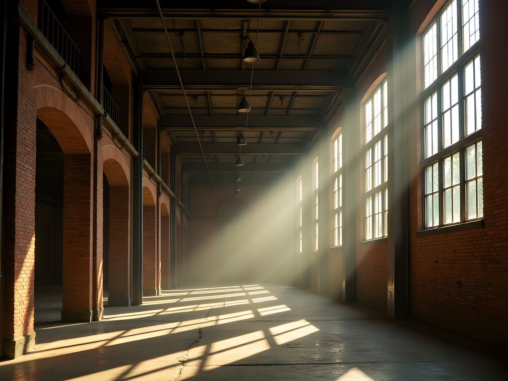Morning light streaming through windows of the historic B.F. Goodrich factory complex at Canal Place in Akron