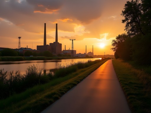 Sunset view of Akron's industrial skyline from the Ohio & Erie Canal Towpath Trail