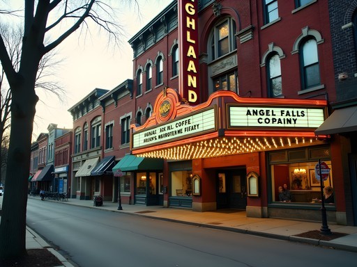 Morning scene in Highland Square neighborhood of Akron showing historic buildings and local businesses