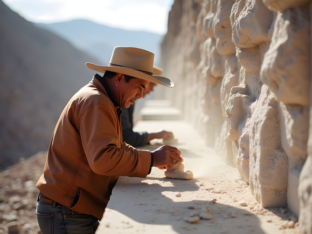 Traditional sillar stone workers demonstrating ancient carving techniques at a quarry near Arequipa