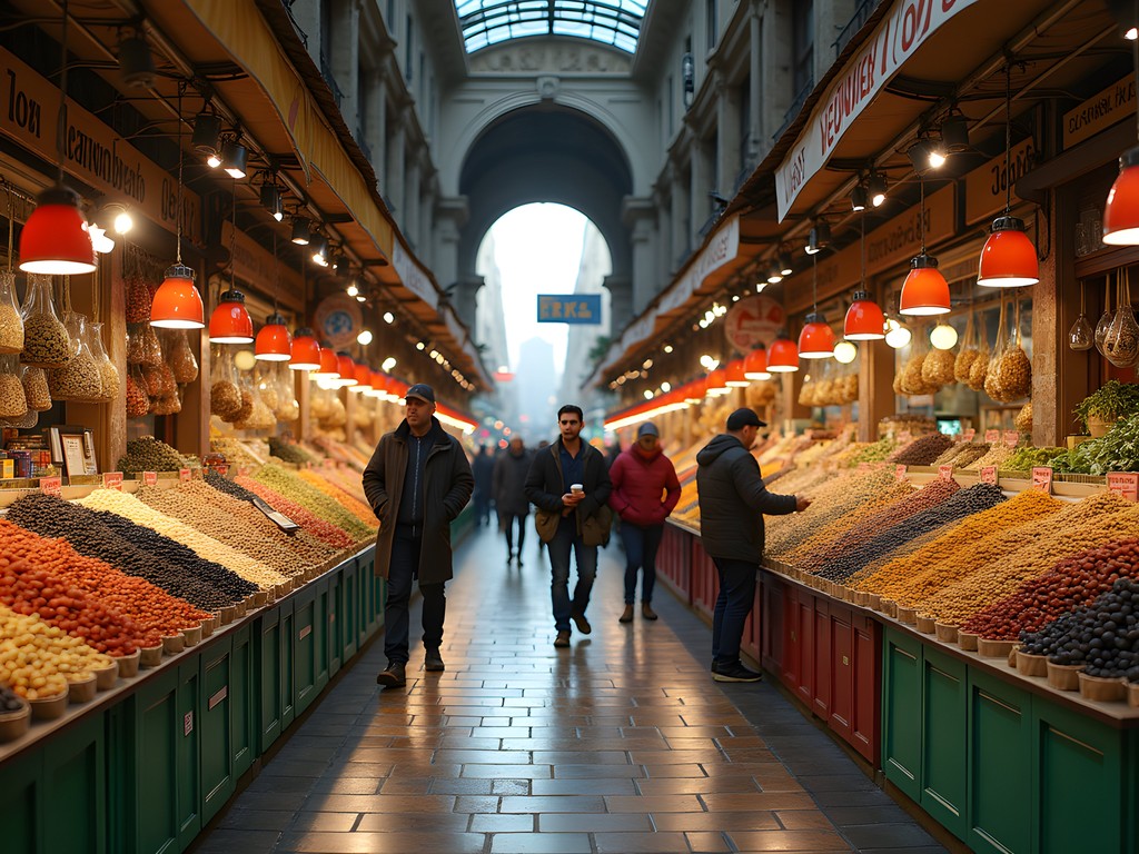 Vibrant scene of vendors and shoppers at Athens Central Market with displays of olives and spices