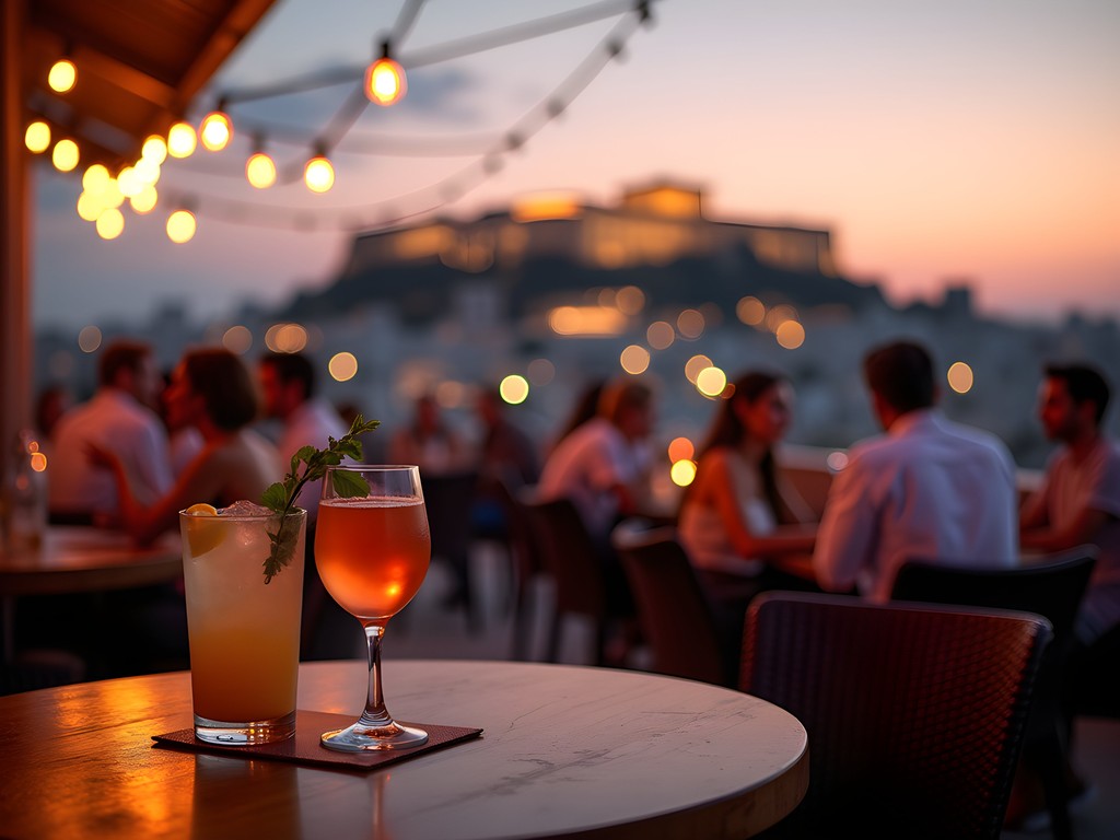 Sunset view of the Acropolis from a rooftop bar in Athens with cocktails in foreground
