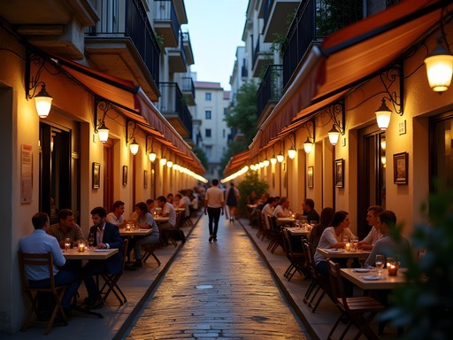 Evening scene of traditional tavernas with outdoor seating in Psyrri neighborhood, Athens