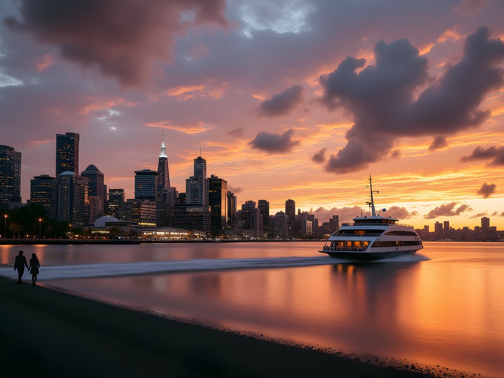 Sunset view of Auckland skyline from Devonport with ferry crossing harbor in autumn light