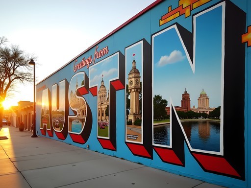 Greetings from Austin postcard mural on South Congress at sunrise