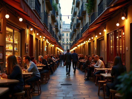 Couples enjoying pintxos and drinks on Carrer Blai in Poble-sec